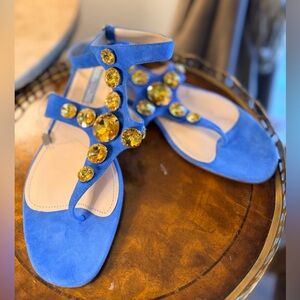 Prada Blue Suede Sandals with Gold Crystal Accents